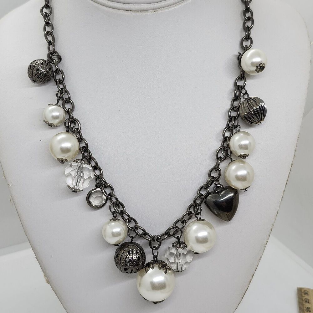 Gun Metal‎ Charm Necklace Faux Pearl Heart Bead